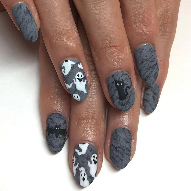 Spooky Halloween Theme Long Oval Gray Ghost and Cat Press On Nail Set with Matte Finish Featuring Unique Marble Design