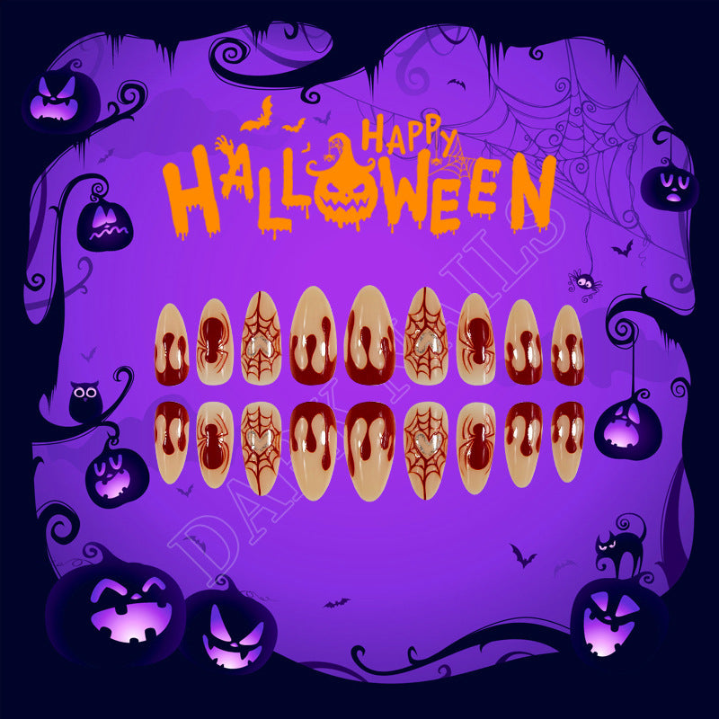 Spooky Halloween Long Almond Press On Nails in Beige with Red Spider and Dripping Blood Design