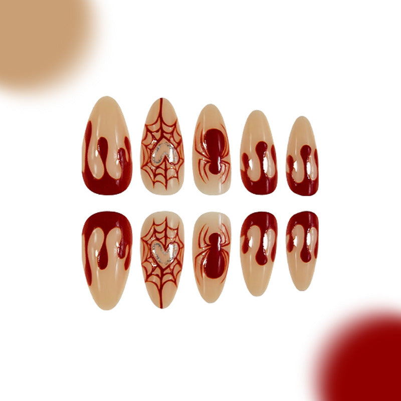 Spooky Glam Long Almond Red Spider Web Press On Nail Set with Heart Gem Accents