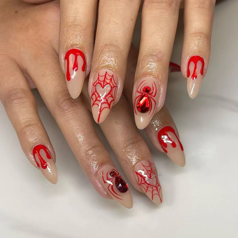 Spooky Season Almond Shaped Long Red and Beige Press On Nail Set with Spider and Blood Drip Designs