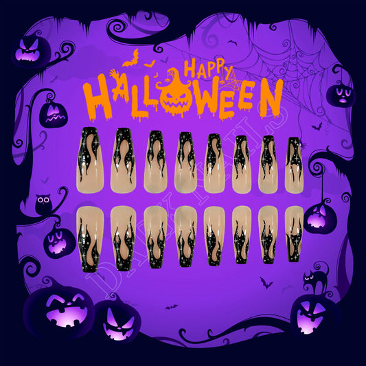 Halloween Inspired Long Coffin Shaped Beige Press On Nails with Black Flame Design