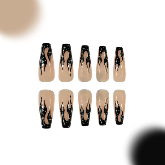 Flaming Inferno Long Coffin Press on Nail Set Beige with Black Flame Accent Design