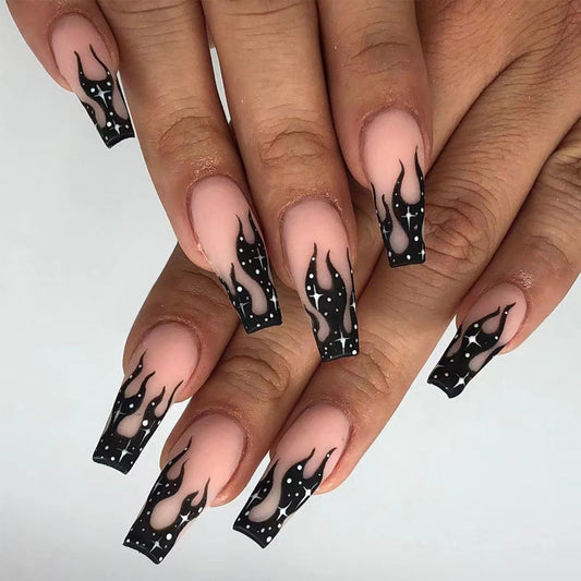 Fire and Ice Long Coffin Black and Beige Press On Nail Set with Flame Design and Polka Dots
