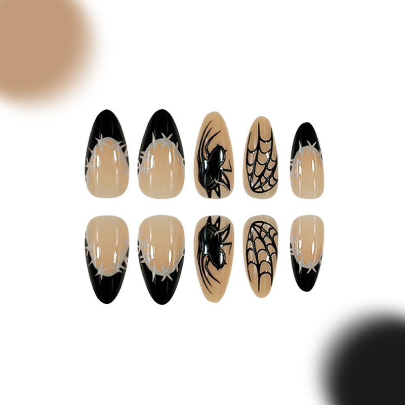 Spooky Spider Web Long Almond Press On Nail Set Unique Black and Beige Design with Intricate Spider Art