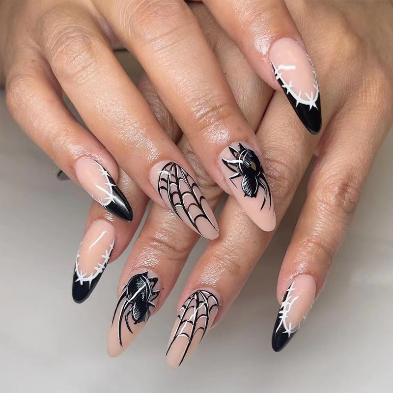 Spooky Glam Long Almond Black and Beige Press On Nail Set with Intricate Spider and Web Designs