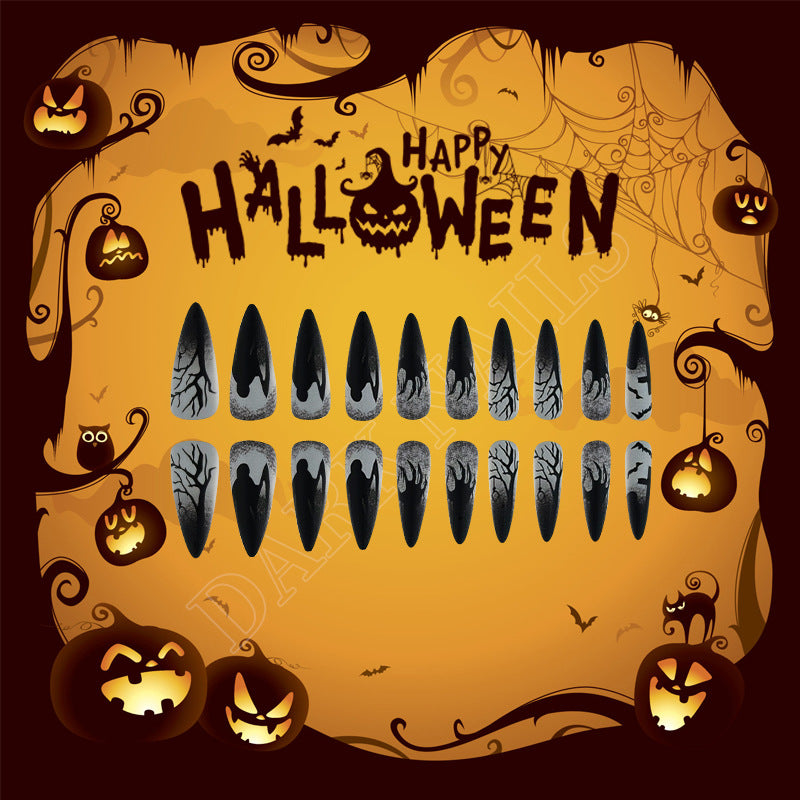 Spooky Halloween Press On Nails Long Stiletto Black with Creepy Haunted Designs