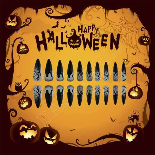 Spooky Halloween Press On Nails Long Stiletto Black with Creepy Haunted Designs