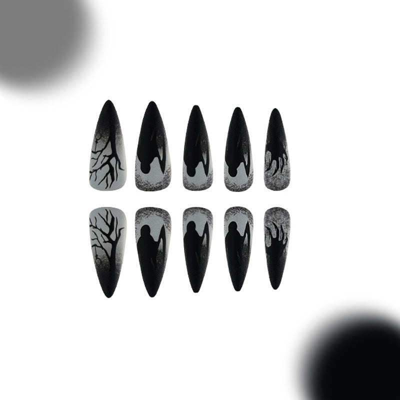 Gothic Elegance Long Stiletto Black and Gray Press On Nail Set with Unique Silhouette Design