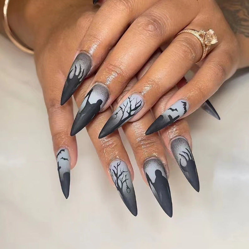 Mystical Night Long Stiletto Matte Black Press On Nail Set with Spooky Silhouette Designs