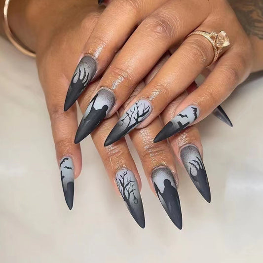 Mystical Night Long Stiletto Matte Black Press On Nail Set with Spooky Silhouette Designs