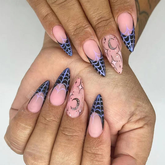 Mystical Moonlight Long Stiletto Pink and Black Press On Nail Set with Spiderweb Design