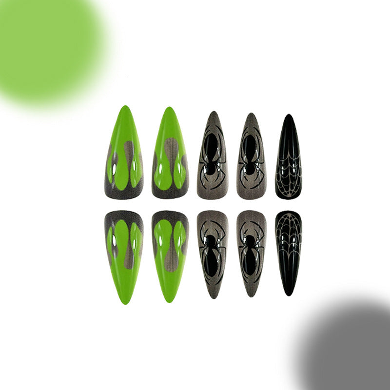 Spooky Spirit Long Stiletto Green and Black Press On Nail Set with Spider Design