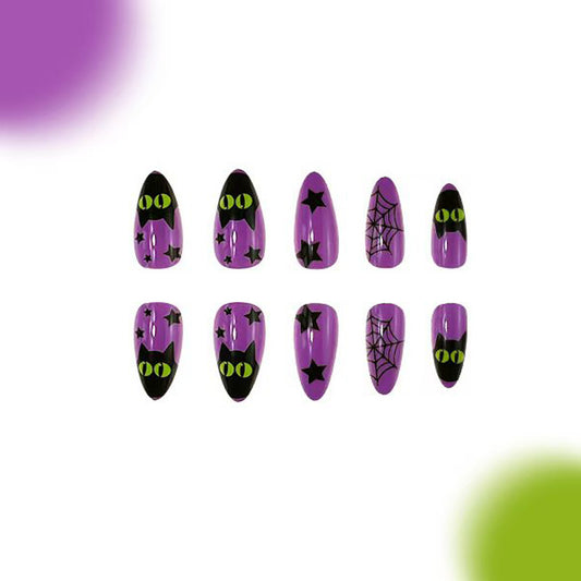 Spooky Halloween Long Oval Purple Cat Eyes and Spider Theme Press On Nail Set