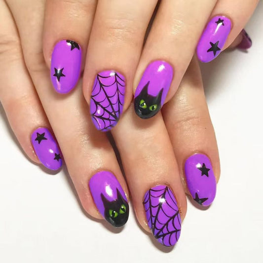 Spooky Charm Long Oval Purple Cat and Spider Press On Nail Set