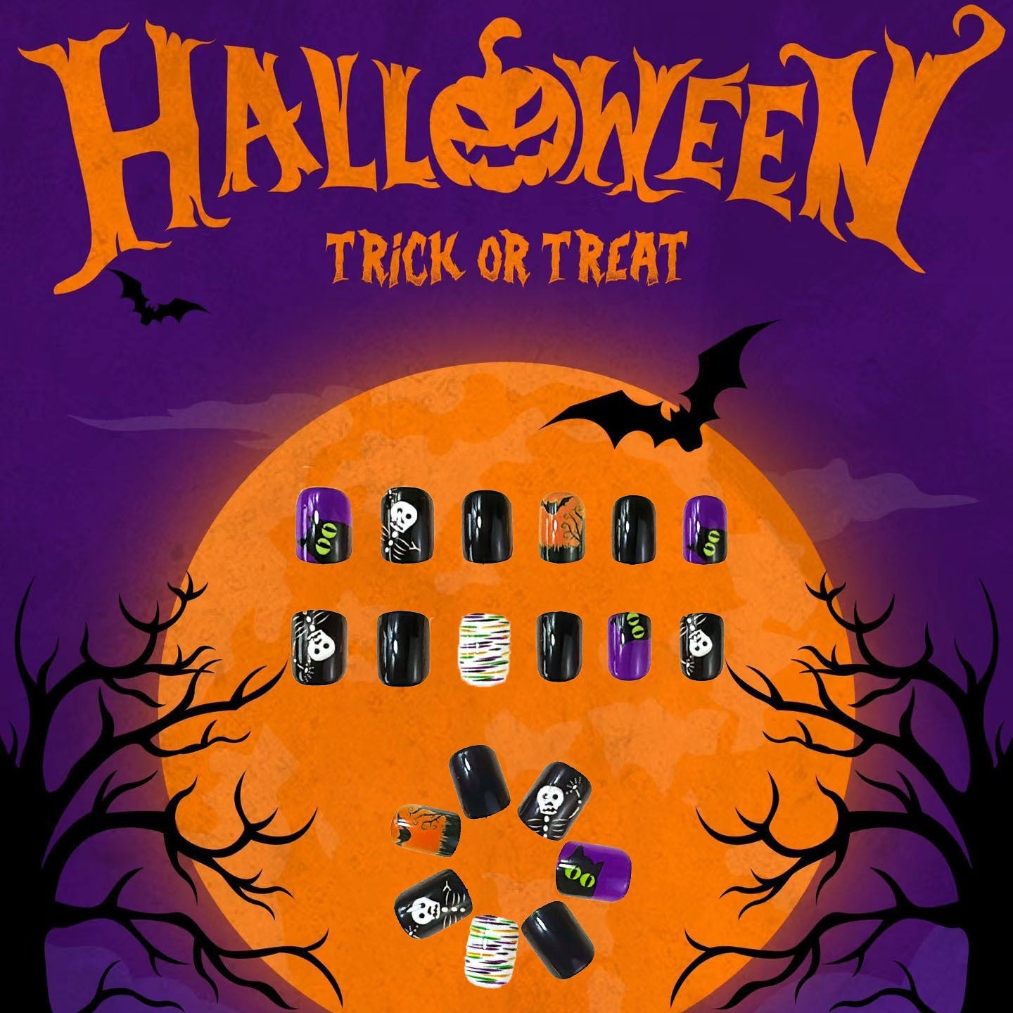 Halloween Spooktacular Press On Nail Set Short Square Black Purple and Orange with Fun Skeleton and Pumpkin Designs