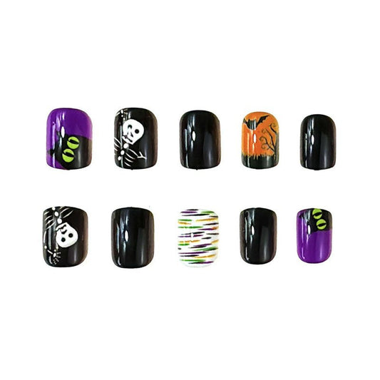 Spooky Halloween Themed Short Square Purple Black and Orange Press On Nail Set with Skull and Spider Designs