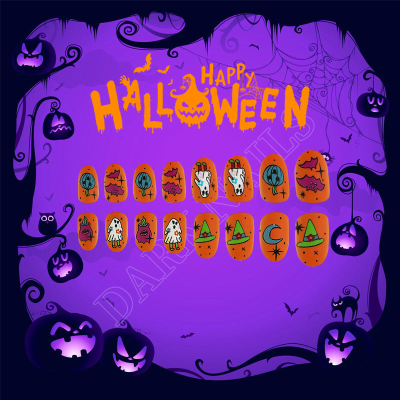 Halloween Haunted Orange Almond Medium Press On Nail Set with Ghosts and Pumpkins Design
