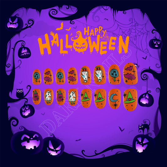 Halloween Haunted Orange Almond Medium Press On Nail Set with Ghosts and Pumpkins Design