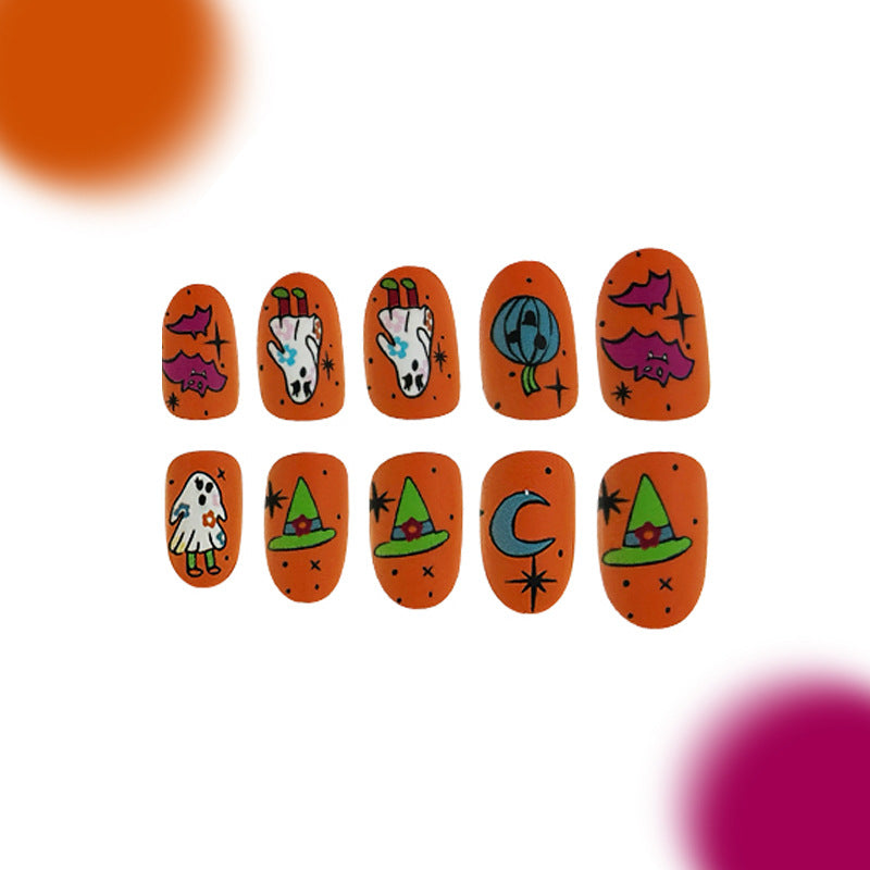 Spooky Halloween Inspired Medium Length Almond Orange Press On Nail Set with Ghosts Bats and Witch Hats Design