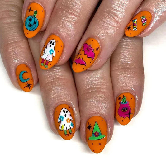 Spooky Halloween Medium Almond Bright Orange Press On Nail Set with Fun Whimsical Designs