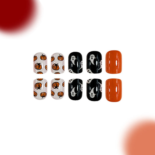 Spooky Season Press On Nail Set Short Oval White Black Orange Pumpkin and Ghost Design Fun Halloween Themed Nails