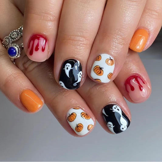 Halloween Spooktacular Short Oval Orange Black Red and White Press On Nail Set with Ghost and Pumpkin Designs