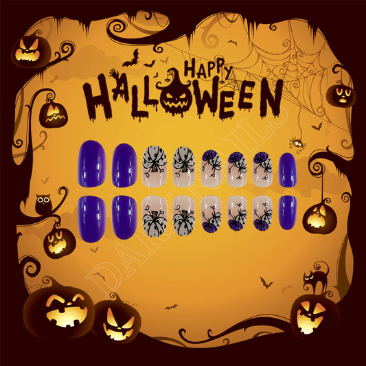 Halloween Spooky Long Almond Purple and Clear Press On Nail Set with Spider Design and Easy Application