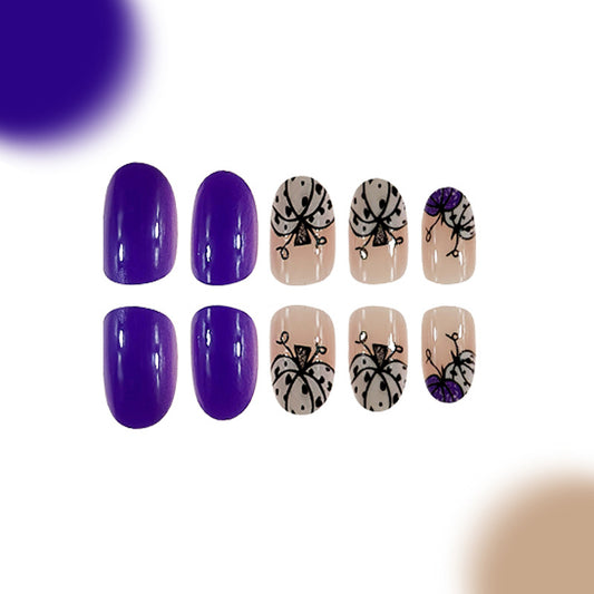 Spooky Night Press On Nail Set Long Almond Purple and Beige with Intricate Spider Design