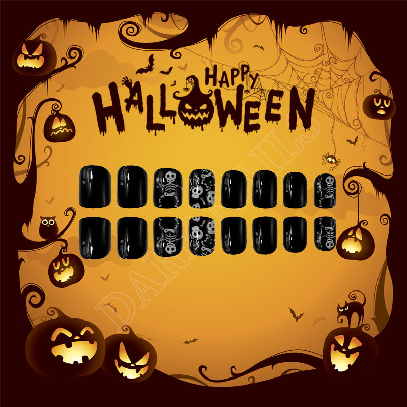 Spooky Halloween Black Square Press On Short Nail Set with Ghostly Skeleton Designs Perfect for Festive Nail Art