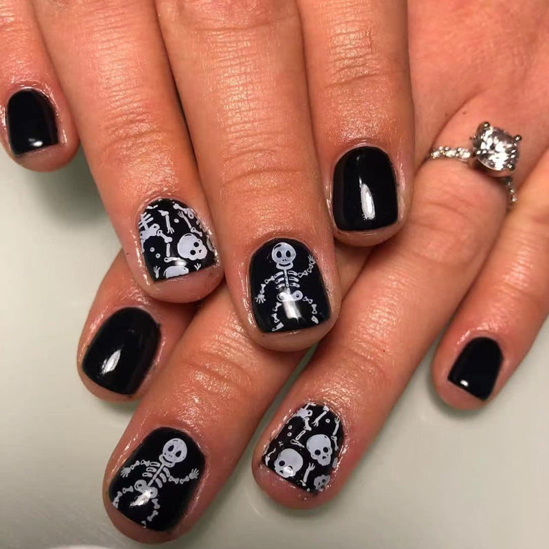 Spooky Skeletons Short Square Black Press On Nail Set with Unique Glow in the Dark Designs