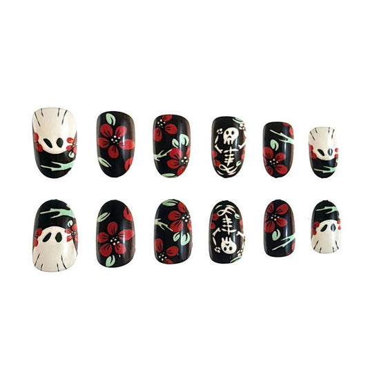Spooky Floral Artistry Medium Oval Press On Nail Set Black with Red Flowers and Skull Designs