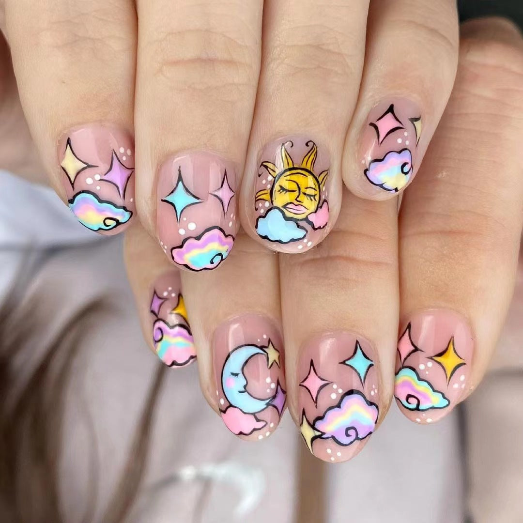 Celestial Dreams Oval Press On Nail Set Short Pink Colorful Cloud and Sun Designs