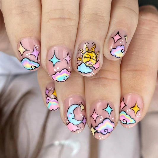 Celestial Dreams Oval Press On Nail Set Short Pink Colorful Cloud and Sun Designs
