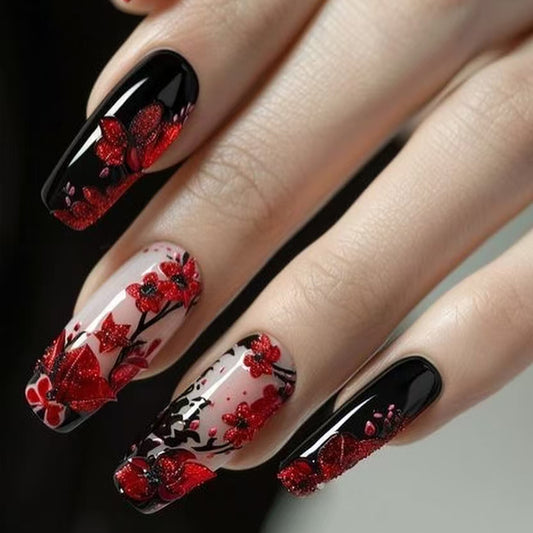 Blooms of Elegance Medium Coffin Shaped Glossy Black and Red Floral Design Press On Nail Set