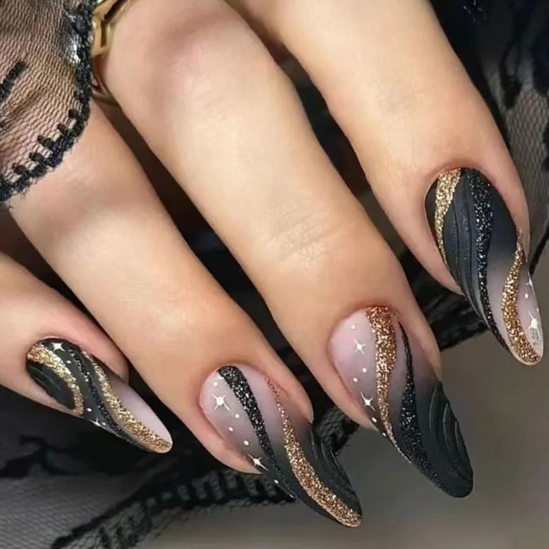 Celestial Elegance Long Almond Black and Gold Glitter Gradient Nail Set