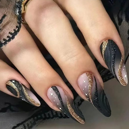Celestial Elegance Long Almond Black and Gold Glitter Gradient Nail Set