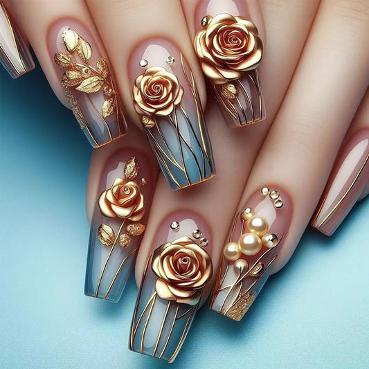 Elegant Floral Dream Medium  Square Blush Blue Nails with Golden Rose Embellishments