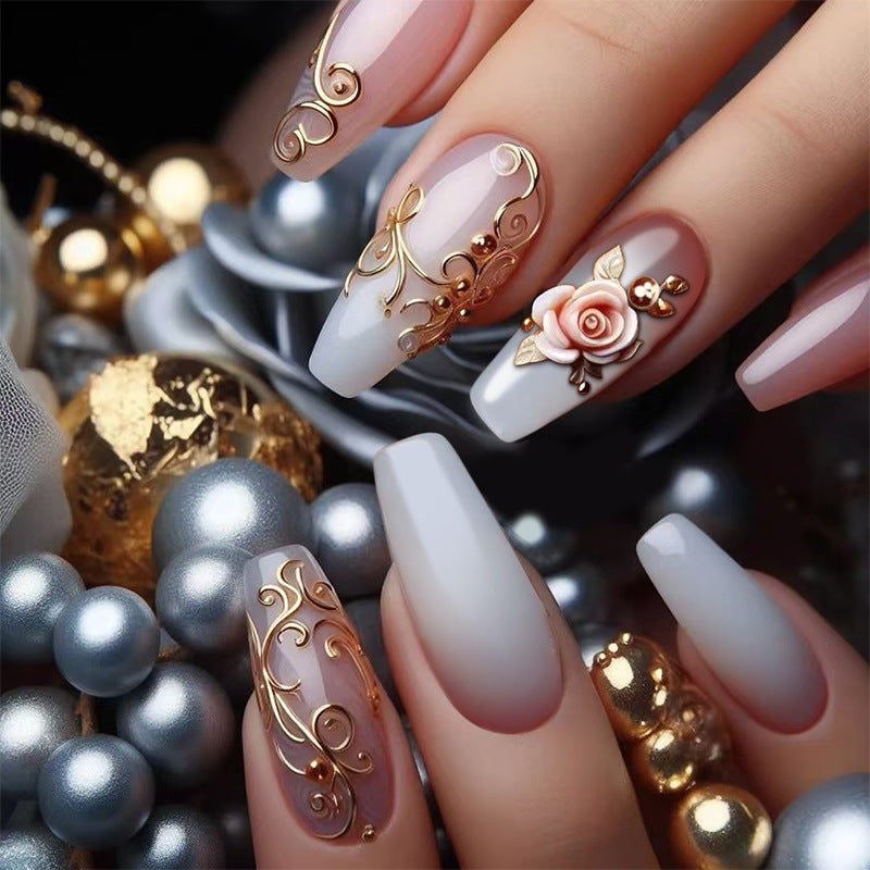 Elegant Floral Fantasy Medium Coffin Shaped Ombre White and Gold Press On Nail Set with Intricate Rose and Swirl Accents