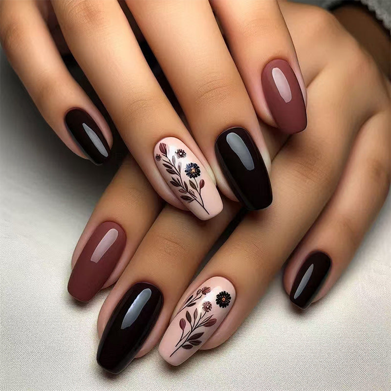 Elegant Autumn Fusion Medium Coffin Dark Brown and Beige with Delicate Floral Art Press On Nail Set