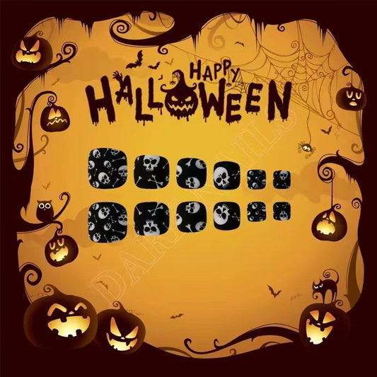 Spooky Halloween Themed Square Short Black Skull Press On Nail Set