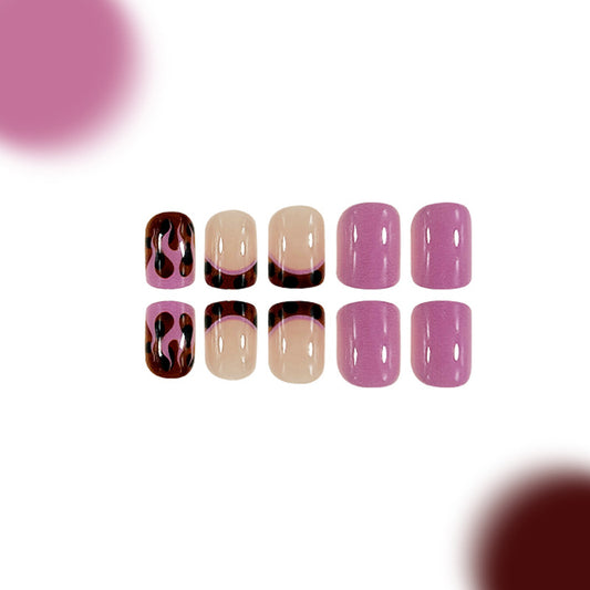 A set of false nails with a unique flame design, featuring a mix of purple and beige colors in short square shape.