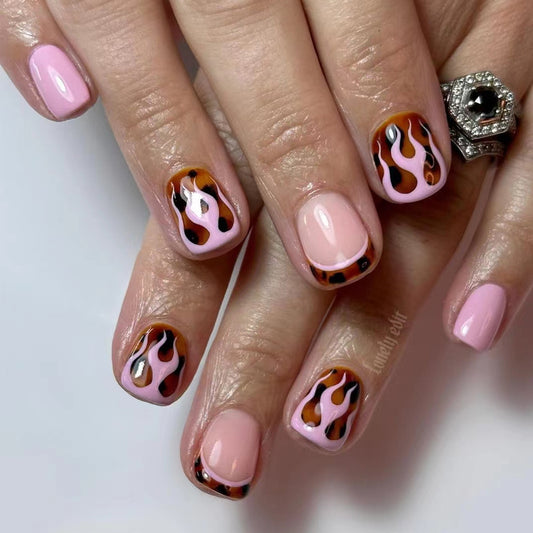 Fierce Flame Inspired Short Square Pink and Brown Press On Nail Set with Unique Flame Design
