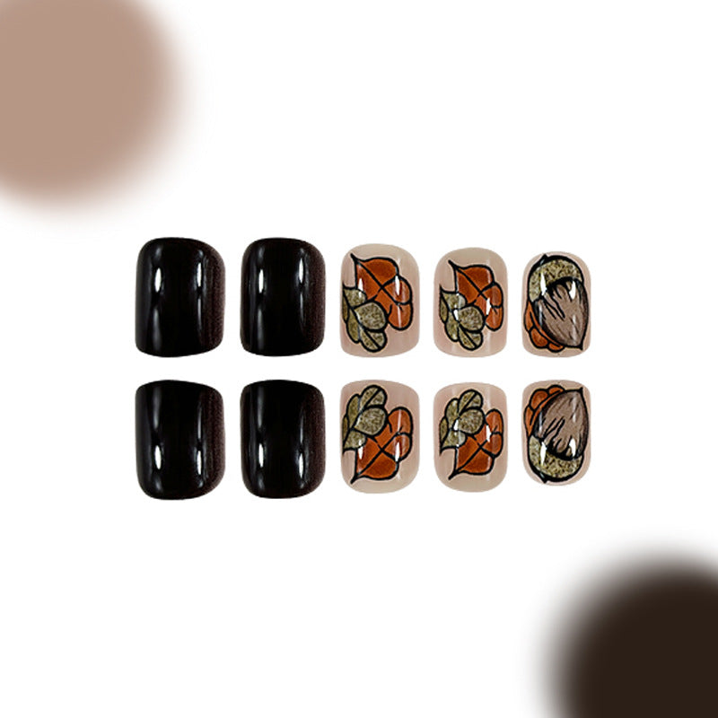 Autumn Floral Dreams Square Medium Black and Neutral Press On Nail Set with Unique Botanical Art Design