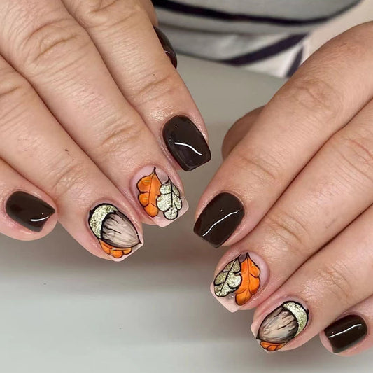 Autumn Harvest Medium Square Brown and Orange Press On Nail Set with Unique Leaf and Acorn Designs