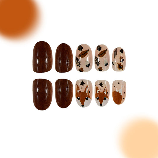 Autumn Forest Theme Medium Oval Brown and Beige Press On Nail Set with Fox and Leaf Designs