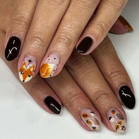 Autumn Forest Themed Medium Length Oval Shaped Dark Brown and Warm Orange Press On Nail Set with Adorable Fox and Leaf Designs