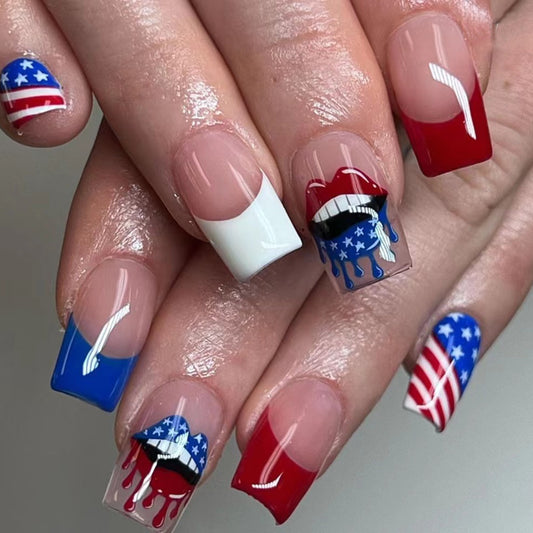 Patriotic Elegance Short Square Multicolor Press On Nails with American Flag Design and Drip Accent