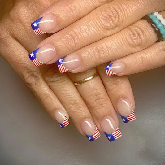 Patriotic Elegance Medium Length Square Shaped Clear with American Flag Design Press On Nail Set