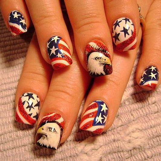 Patriotic Pride Medium Square Red White and Blue Press On Nails with Star Patterns and Eagle Artwork