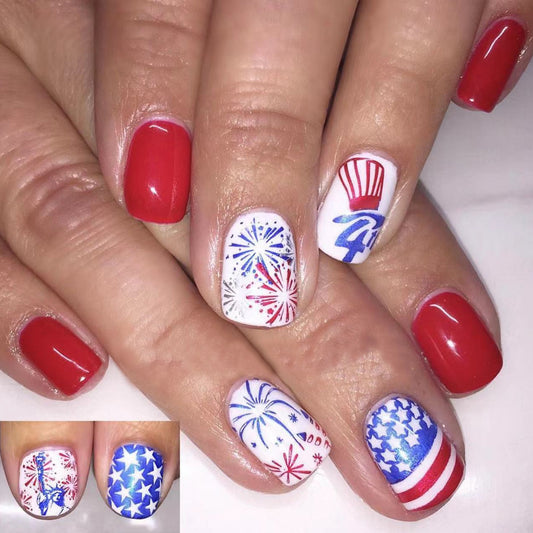 Patriotic Celebration Short Oval Red White and Blue Press On Nail Set with Fireworks and Flag Accents